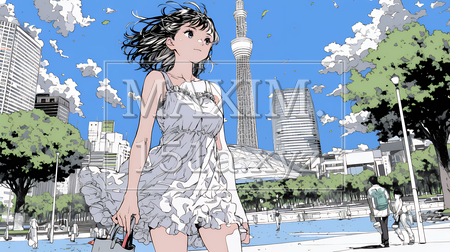夏の昼下がり、白いドレスを着て街歩きをしている若い女性（イラストID:7998766-18005）