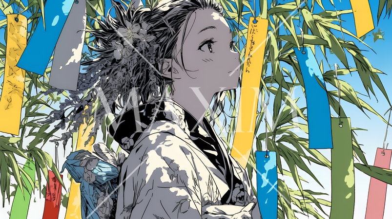 七夕飾りと和服を着た若い女性