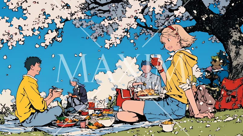 満開の桜の下で仲間たちと花見宴会