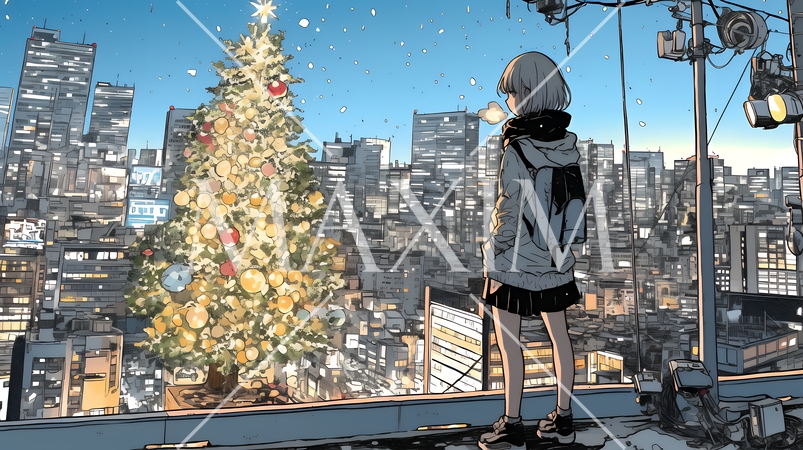 クリスマスイルミネーションが美しい街を散策する若い女性