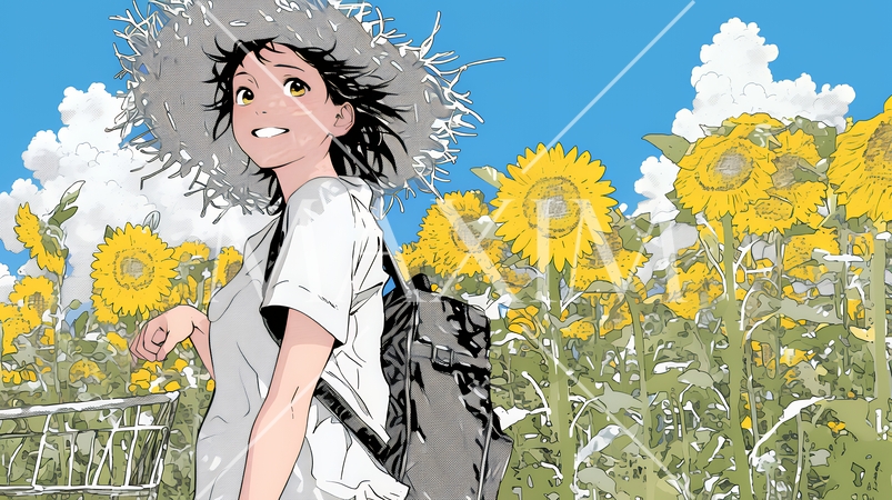 夏の晴天の日、ひまわりの畑を散策している若い女性