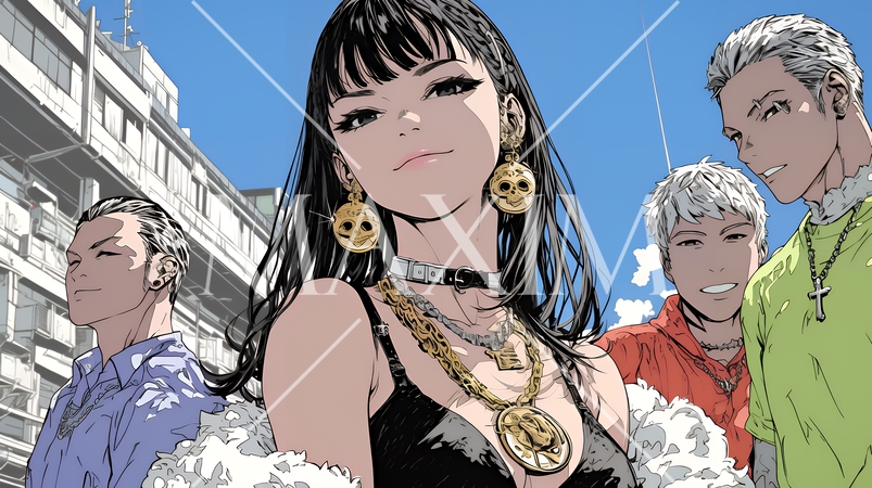 取り巻きを引き連れ街を闊歩している極妻