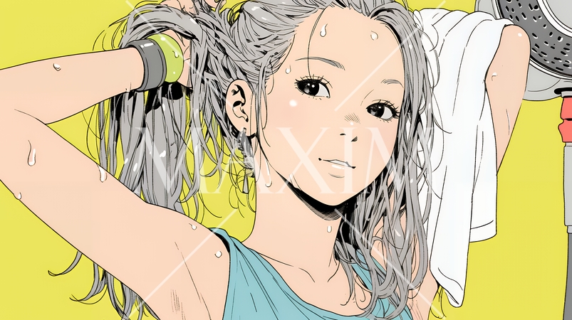 ヘアーシャワーの後の濡れ髪の若い女性