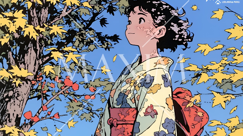 紅葉に包まれた中、着物を纏った若い女性が佇んでいる