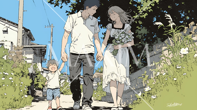 仲の良い家族：父親、母親、その子どもが仲良く連れ立って歩いている
