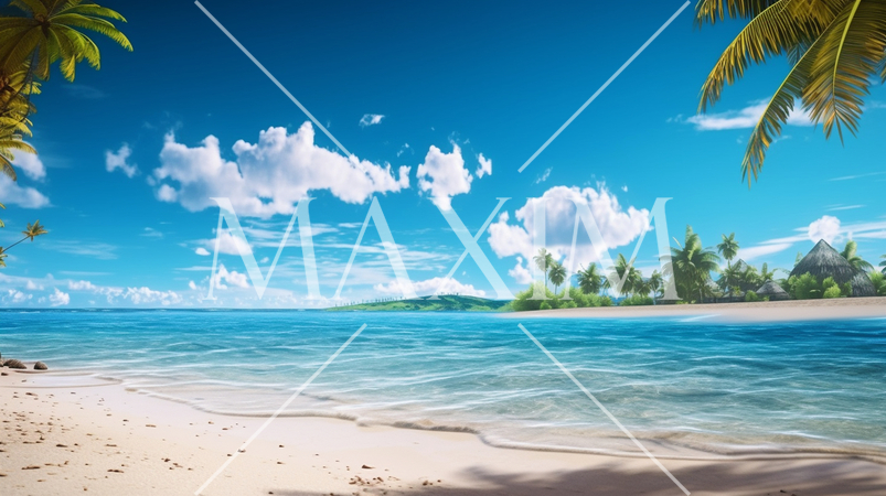 南の島の浜辺と空の背景イメージの精緻CG画