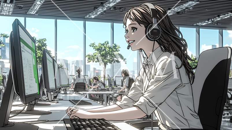 近代的なコールセンターのオフィスで働く女性オペレーター