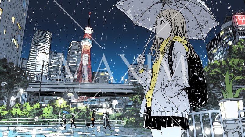 雨の中を歩く女性と都会のランドスケープ