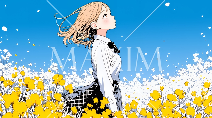 春風の中、菜の花畑にいる制服姿の女子高生