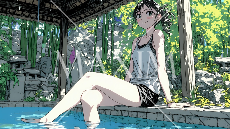 足湯に浸かっている若い女性