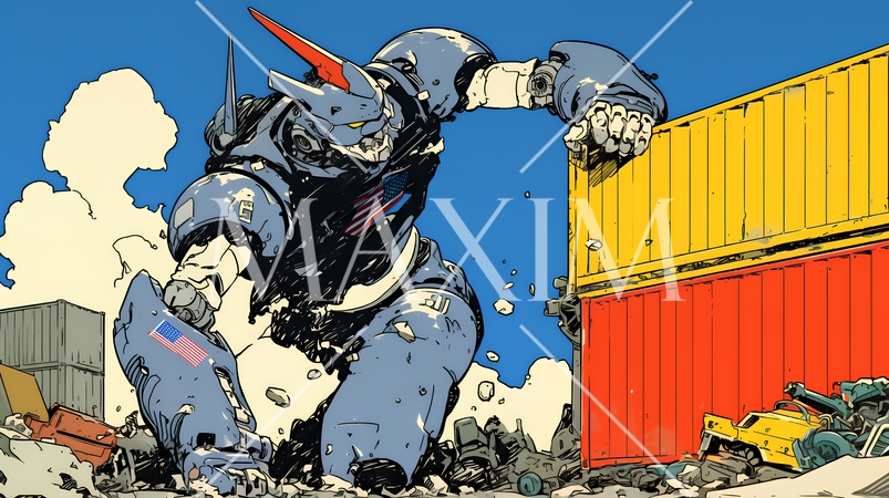 巨大関税ロボットが自由貿易港のコンテナ基地を破壊して、輸出入を妨害している