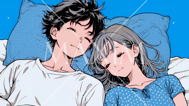 寄り添いながら穏やかに眠る若いカップル