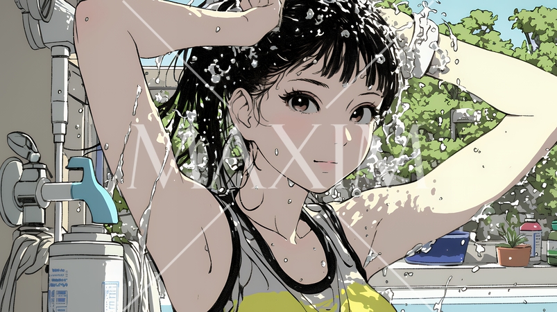 ヘアーシャワーの後の濡れ髪の若い女性