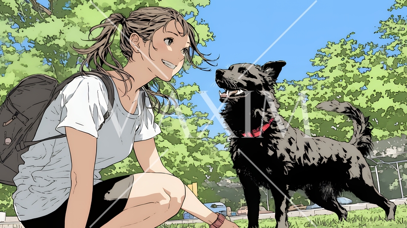 愛犬を調教している若い女性