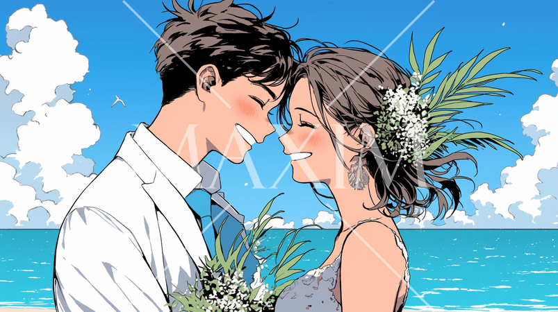 海辺で結婚式を挙げている若い男女