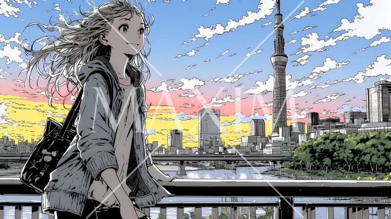 大都会の日没（日の出）とランドスケープを眺めている若い女性