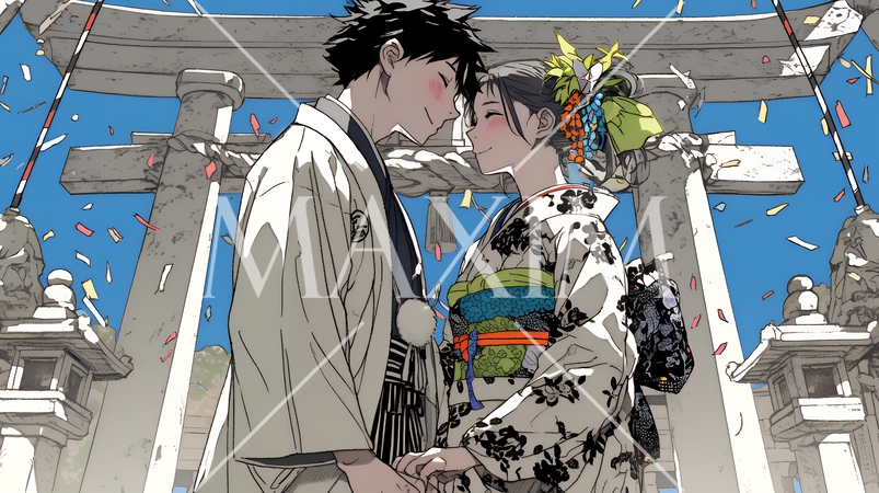 初詣をしている若い恋人カップル