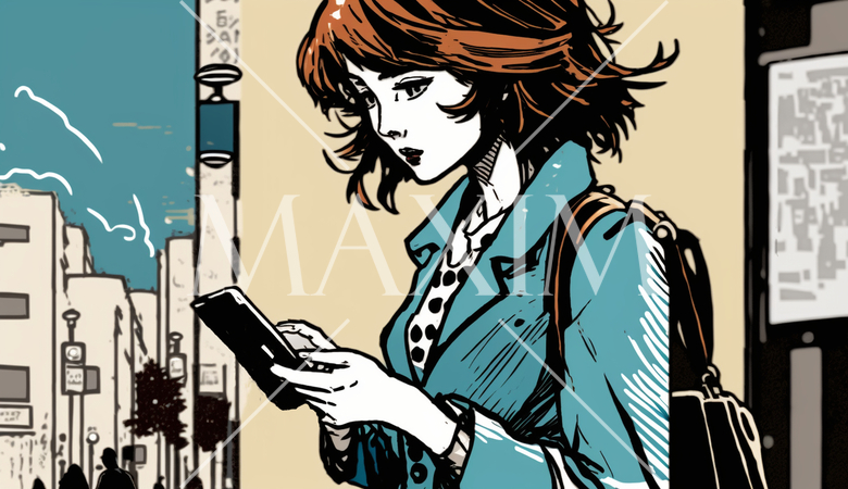 スマートフォンを見ながら街歩きをしている女性：歩きスマホの女性