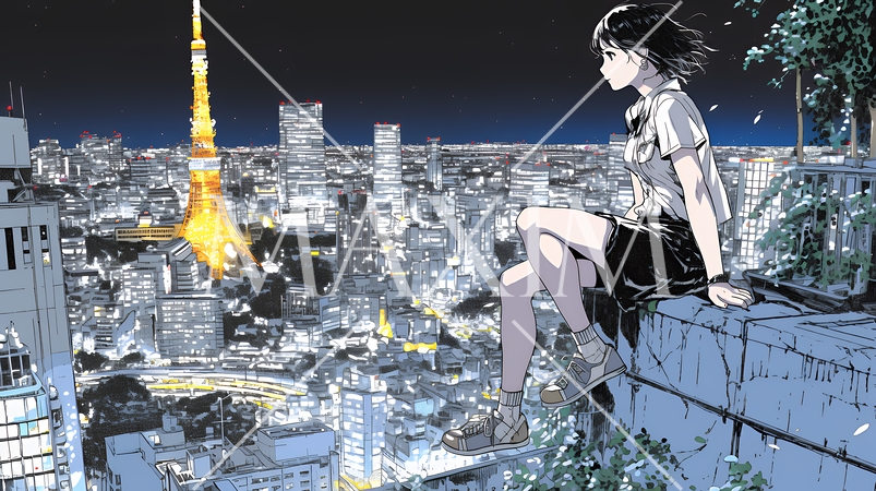 都市の夜景を眺めている女性