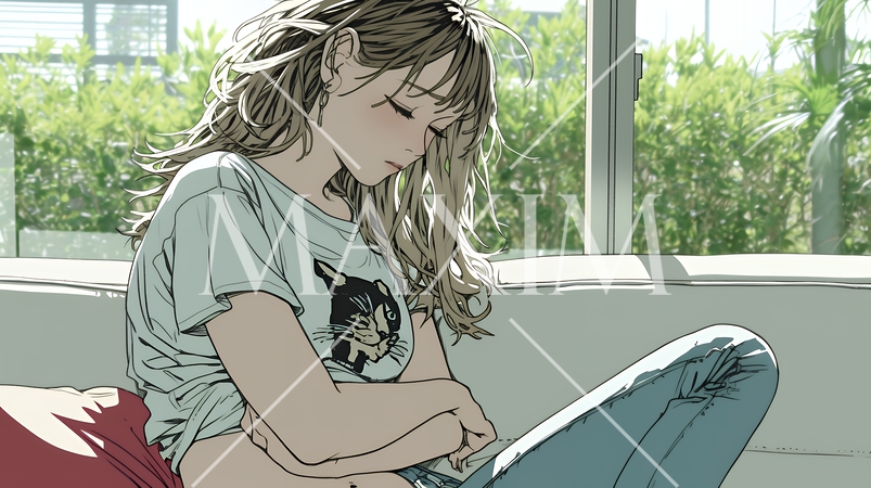 腹痛（生理痛）に苦しむ若い女性