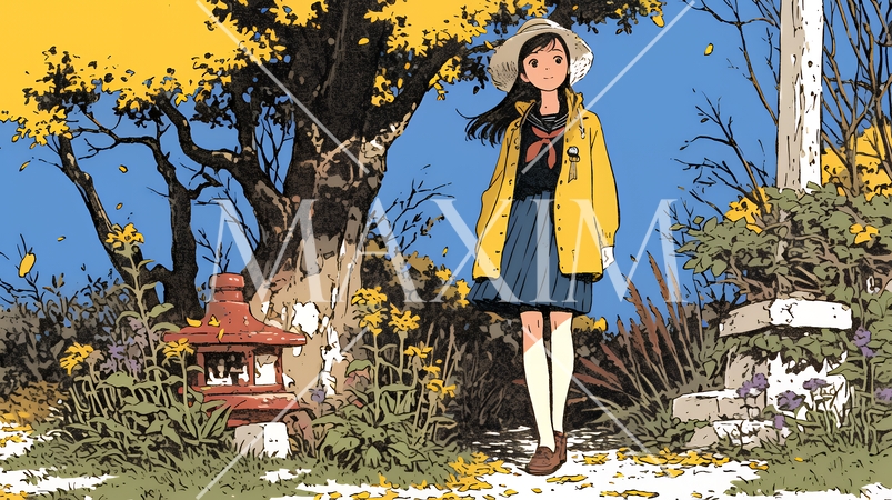 紅葉の小径を歩く若い女性