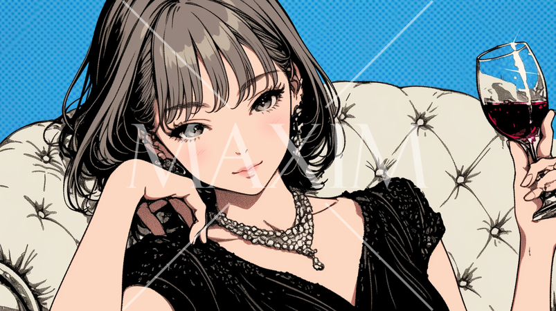 ワインを飲んでいる女性：ラウンジのソファで