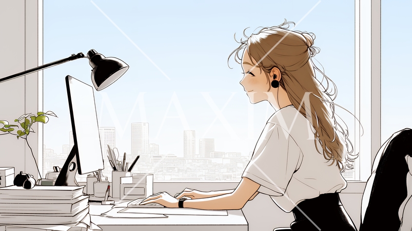 職場のデスクでパソコンに向かって仕事をしているビジネスウーマン（シンプルな色使い）