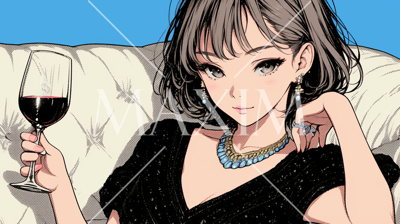 ワインを飲んでいる女性：ラウンジのソファで