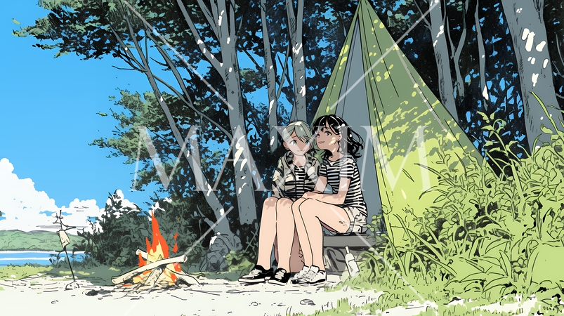 女友達と一緒にテントキャンプを楽しむ若い女性