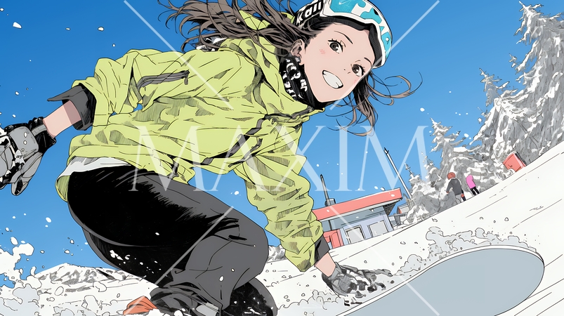 スノーボードを楽しんでいる若い女性