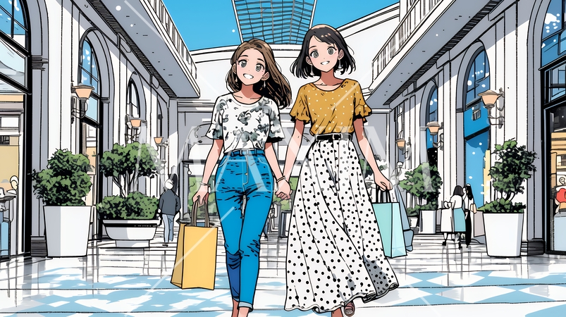 女友達と一緒にショッピングモールを歩き回る若い女性