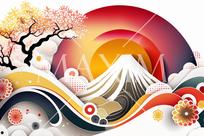 年賀状の図版：富士山、初日の出、梅、松、松竹梅