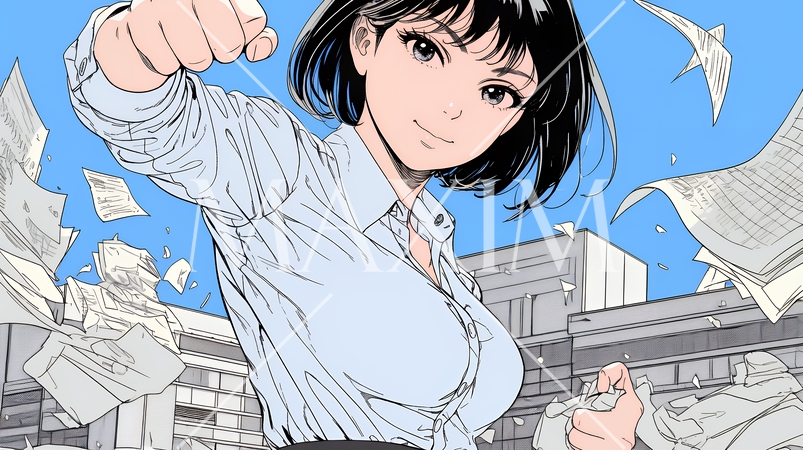 ガッツポーズ（拳を握って力強く）をしているビジネスウーマン