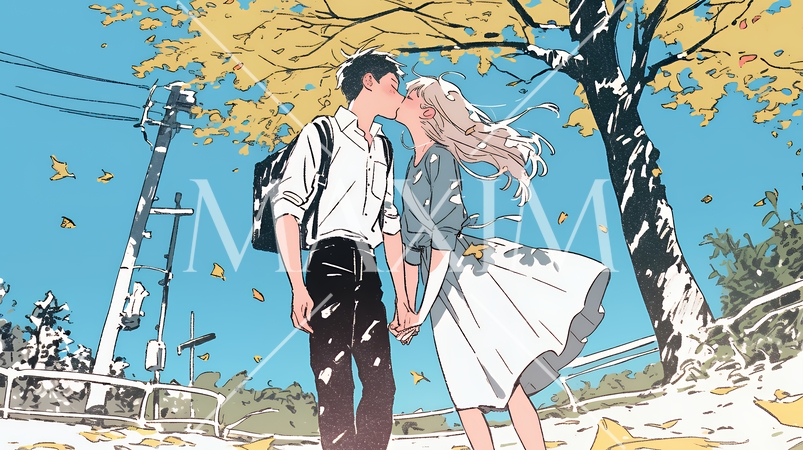 秋の紅葉の下でキスをしている若い恋人たち