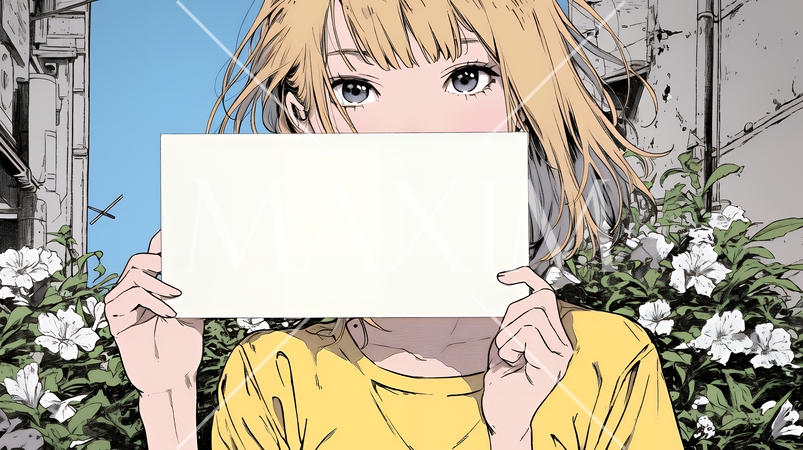 何も描いていないメッセージボードを掲げる若い女性