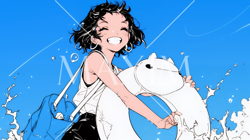 夏休みの思い出：友達と海水浴に行く（シンプルな色使い）