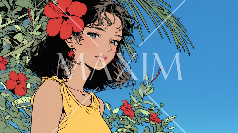 ハイビスカスと若い女性