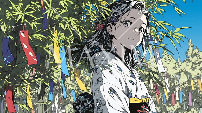 七夕飾りと和服を着た若い女性