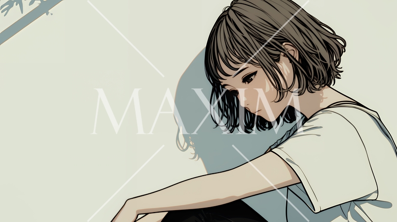 白い壁に向かって考え事をする若い女性