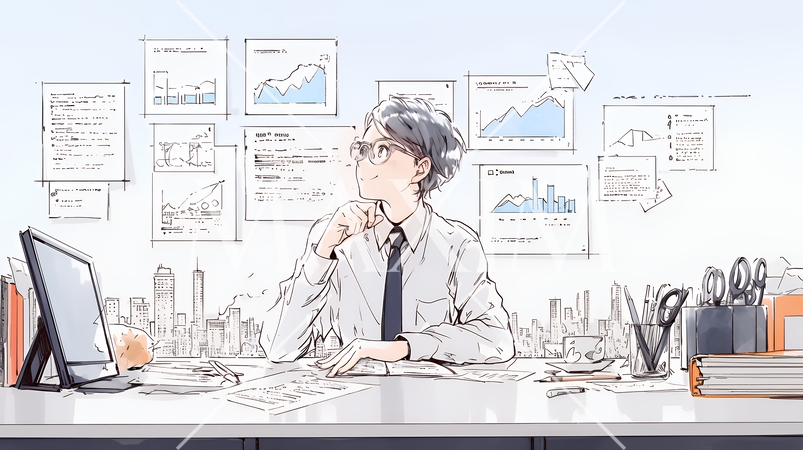 マーケティング・トレーディングデータなどの計量分析を行っている男性（シンプルな色使い）