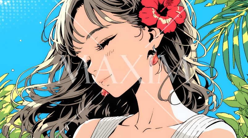 ハイビスカスと若い女性