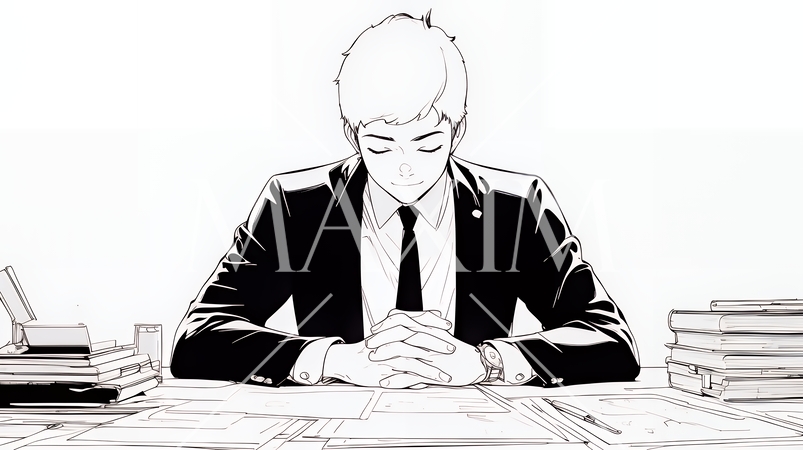 真剣な眼差しで書類に目を通しているビジネスパーソン（シンプルな色使い）