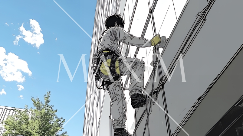 ビルの外壁作業中の男性