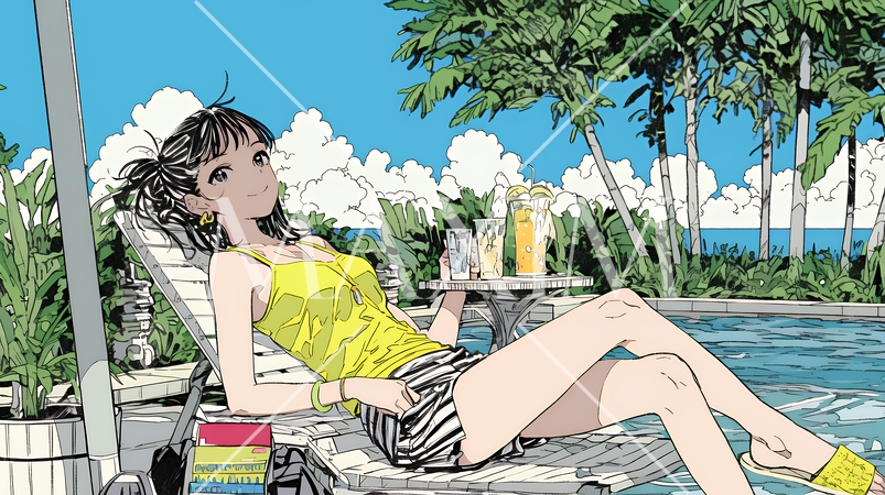プールサイドのデッキチェアでくつろぐ若い女性｜夏のリゾートとリラックスライフスタイルイメージ