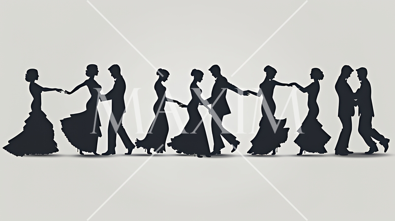 社交ダンスを楽しむ人たちのシルエット｜優雅でエレガントなボールルームダンスイメージ