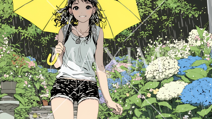 あじさいとカジュアルな服装の若い女性