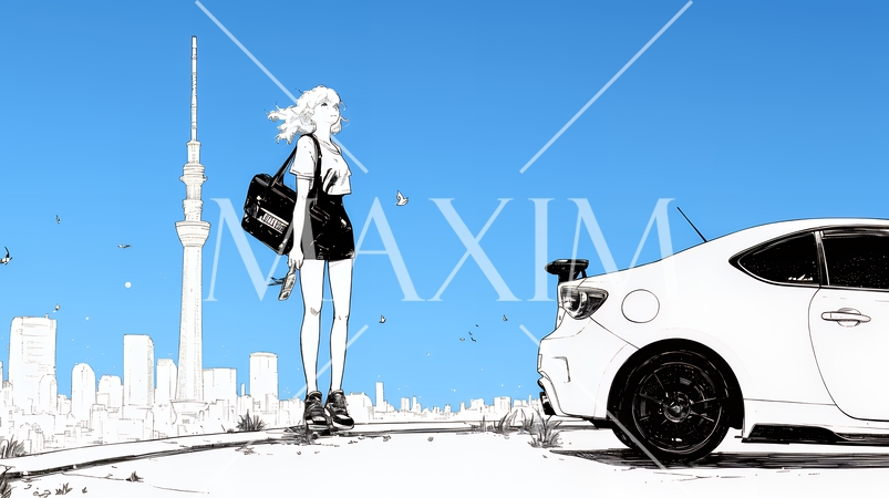 若い女性が佇む都市の街角（シンプルな色使い）