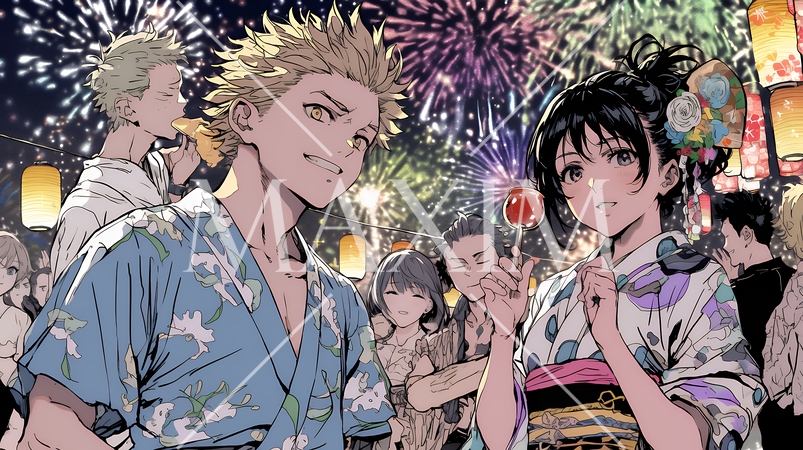 縁日屋台が立ち並び、賑わいを見せる祭りの夜