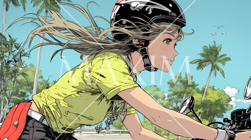 バイクに乗っている若い女性