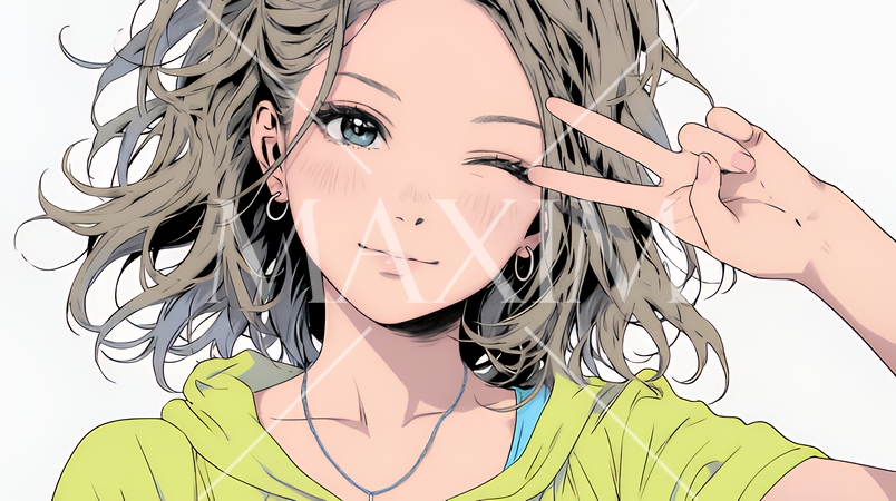 アイドルのように顔の横でピース＋ウィンクしている若い女性